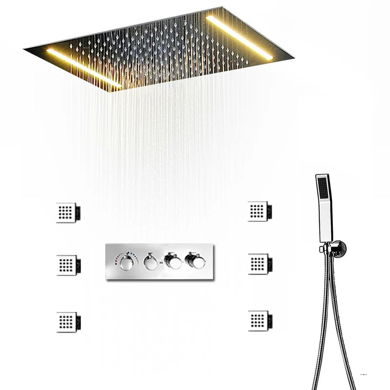 

Thermostatic 3 Functions Shower Set LED Concealed Ceiling Large Rain Showerhead 360x500MM Bathroom Mixer Set 2 Inch Body Jets