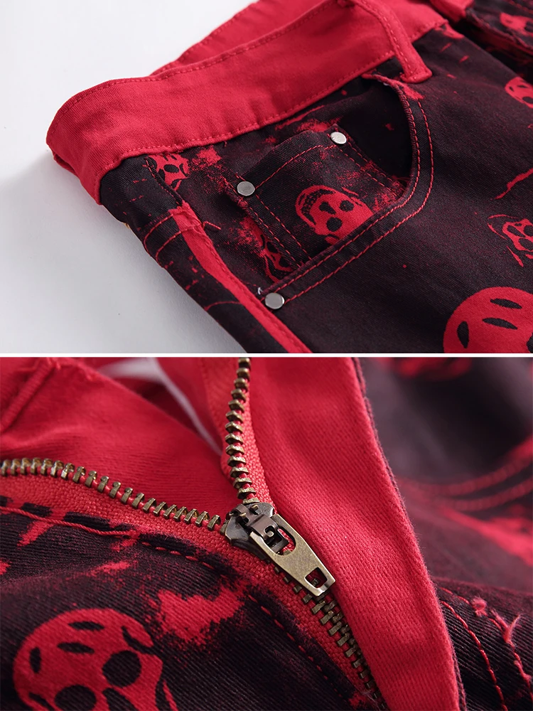 Sokotoo Men's skull printed red denim jeans Plus size fashion slim fit pattern painted stretch pants | Мужская одежда