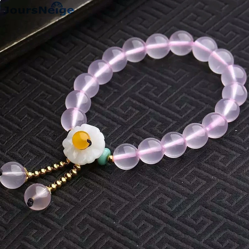 Браслеты из натурального розового халцедона Размер 10 мм бусины с цветком браслет