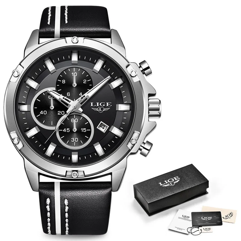 Silver black LIGE, новинка, спортивные модные часы с хронографом, мужские, модные, кожа, водонепроницаемые, топ, люксовый бренд, кварцевые часы, бизнес, подарок, часы, Saat - Цвет: Silver black