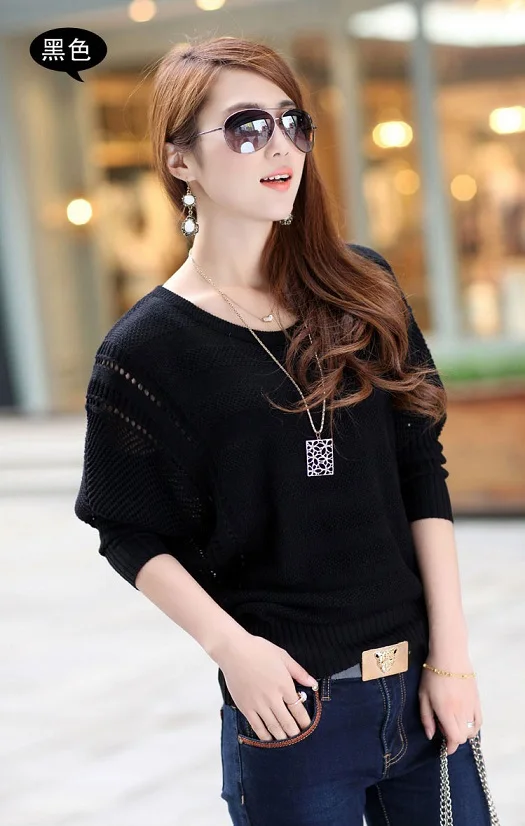 Spring Cutout Loose Plus Size Outerwear Solid Color Bat Sweater Female sweaters bat sleeve women fashion pullovers | Женская одежда