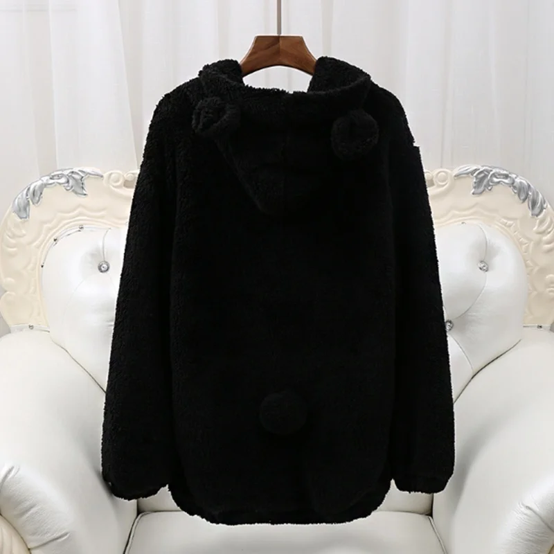 

Cute Women Fleece Coat Lovely Bear Hooded Outwear Women Zipper Warm Winter Coat Long Sleeve Lamb Wool Coat Female Oversize Coat