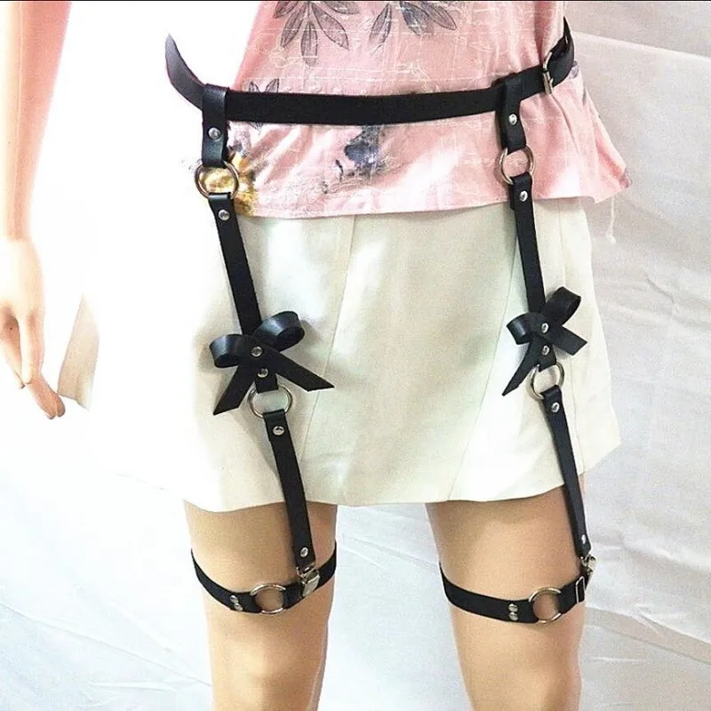 Кожаные ремни для женщин с бантом на ноги пояс подтяжек чулок Goth Rave Seks Arnes Mujer Intimo