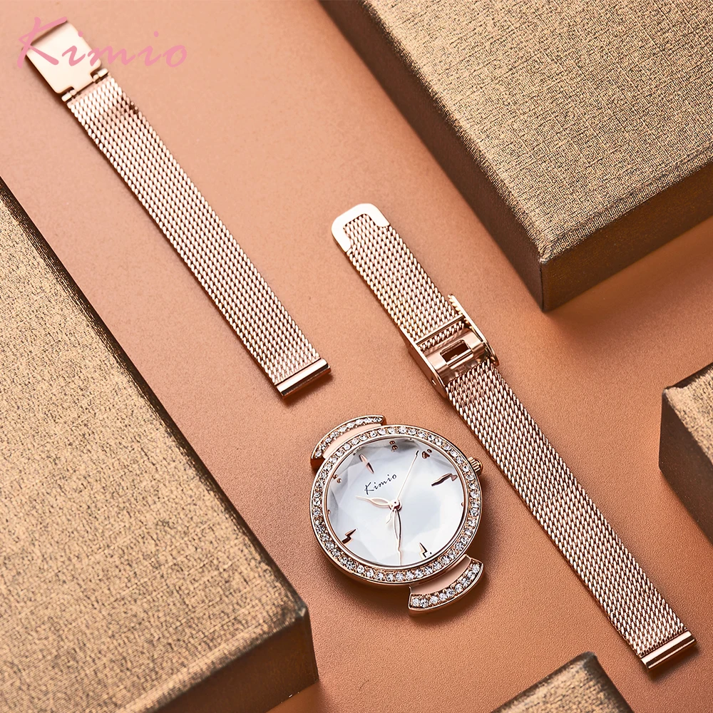 Женские наручные часы KIMIO розовое золото сетка нержавеющая сталь лучший бренд