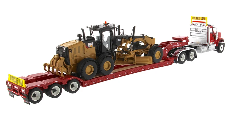DM-85598 1:50 Международный HX520 тандем день кабина трактор с XL 120 Lowboy трейлер в красном и Cat 12M3 грейдер