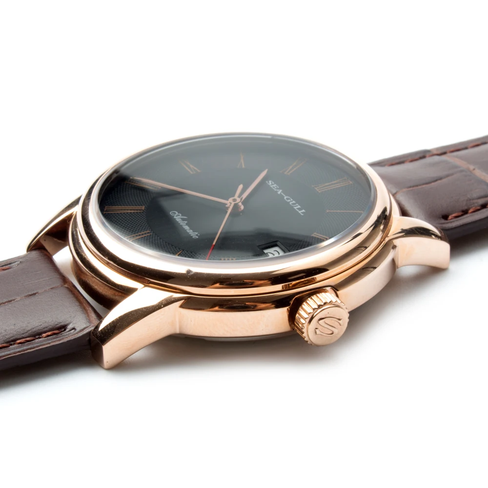 Чайка Натуральная кожа ремешок Золотой Тон черный циферблат 3 руки гильош