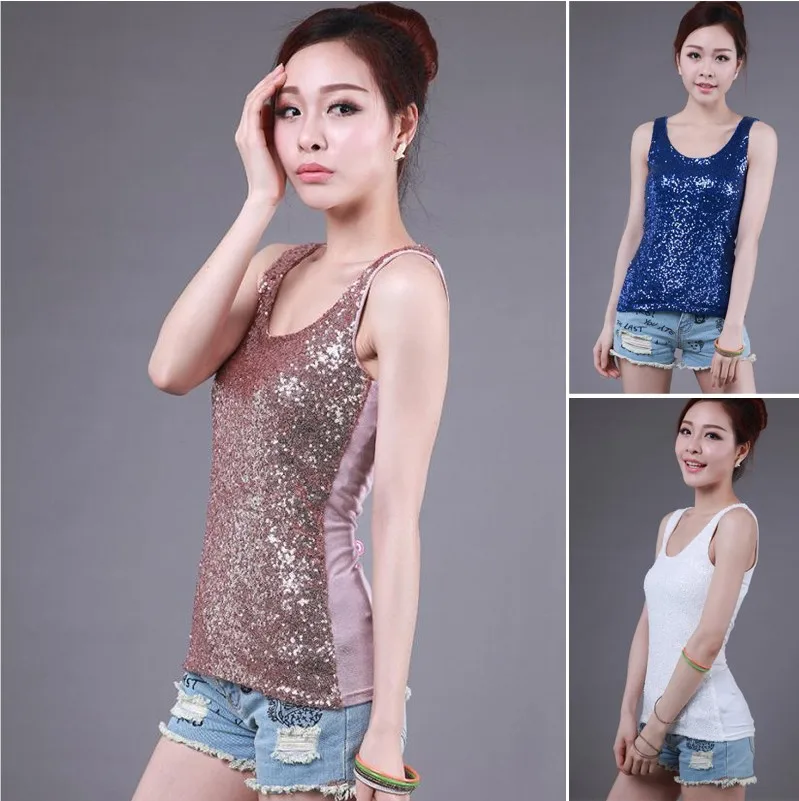 Женская Блестящая майка с блестками летний топ без рукавов базовые футболки