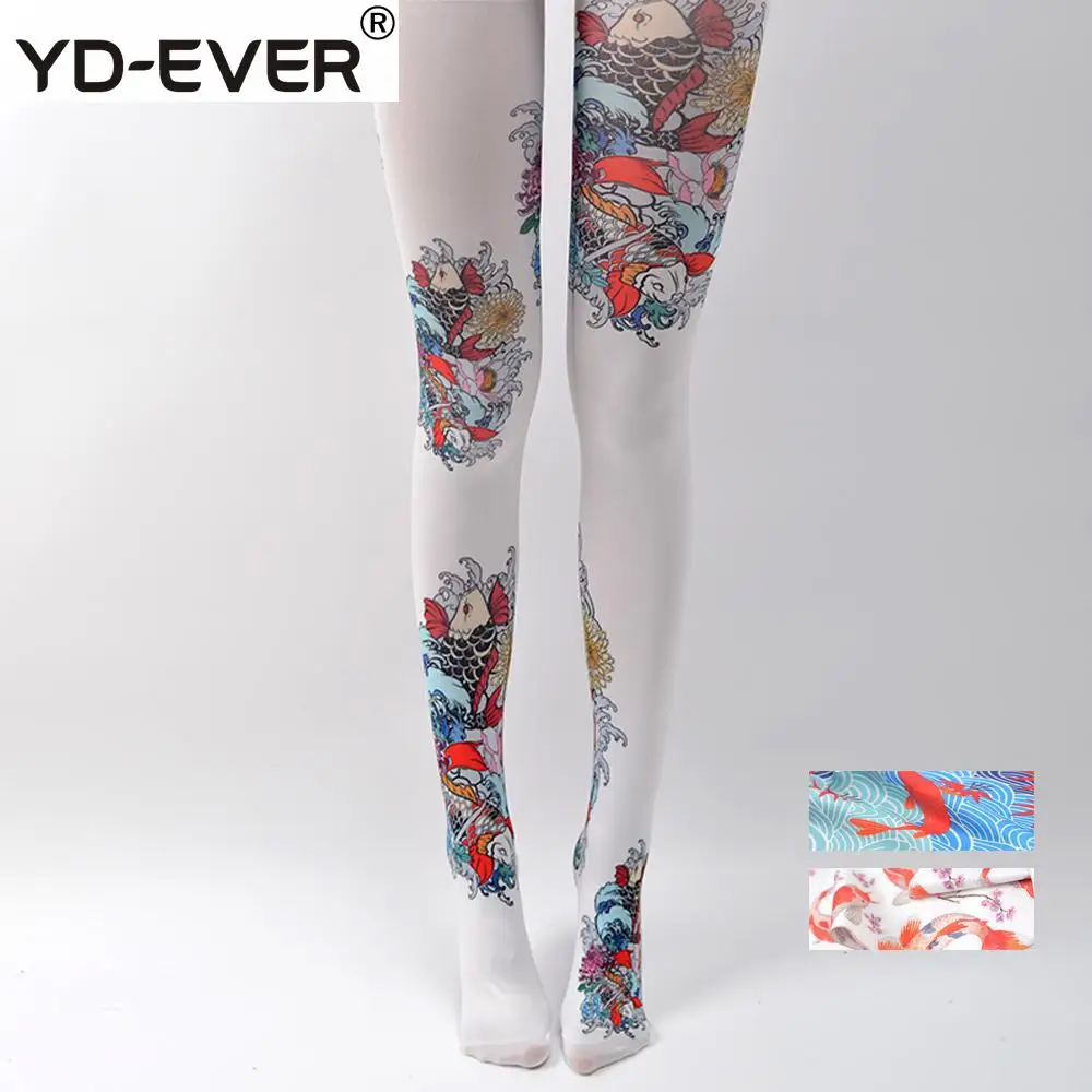 YD-EVER, женские колготки, Harajuku, этнический стиль, год, рисунок карпа, благоприятный узор, тату, весна-осень, цветные хлопковые колготки