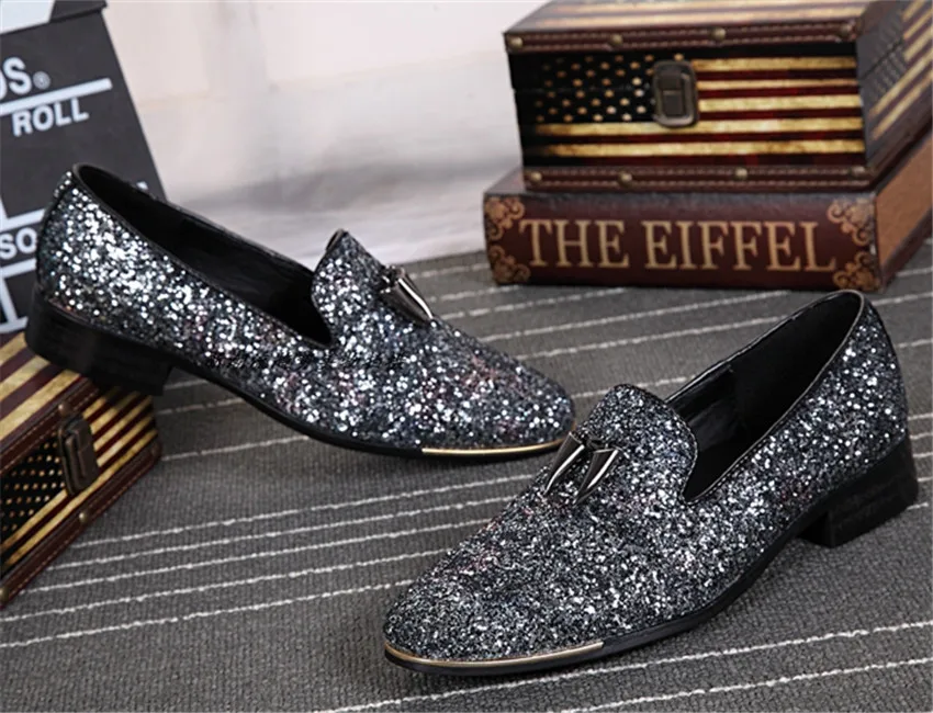 2017 г. модные мужские свадебные модельные туфли из кожи с блестками на плоской