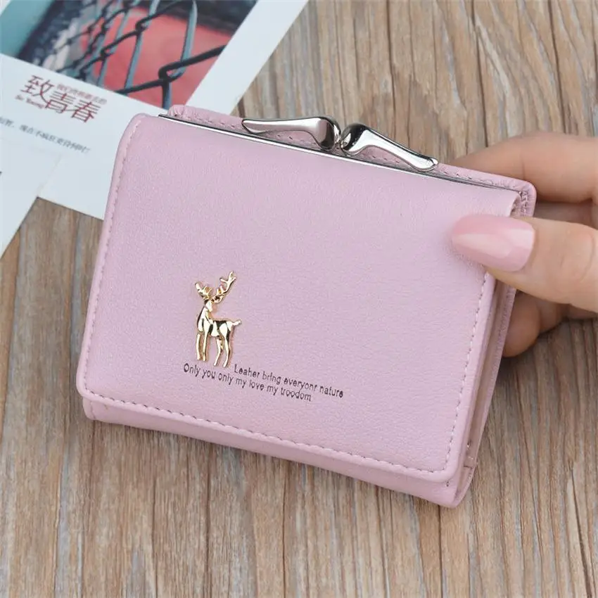 Pink Модные женские короткие кошельки с оленем милый маленький кошелек портмоне держатель для карт из искусственной кожи Дамский мини-кошелек Porte Monnaie Homme - Цвет: Pink