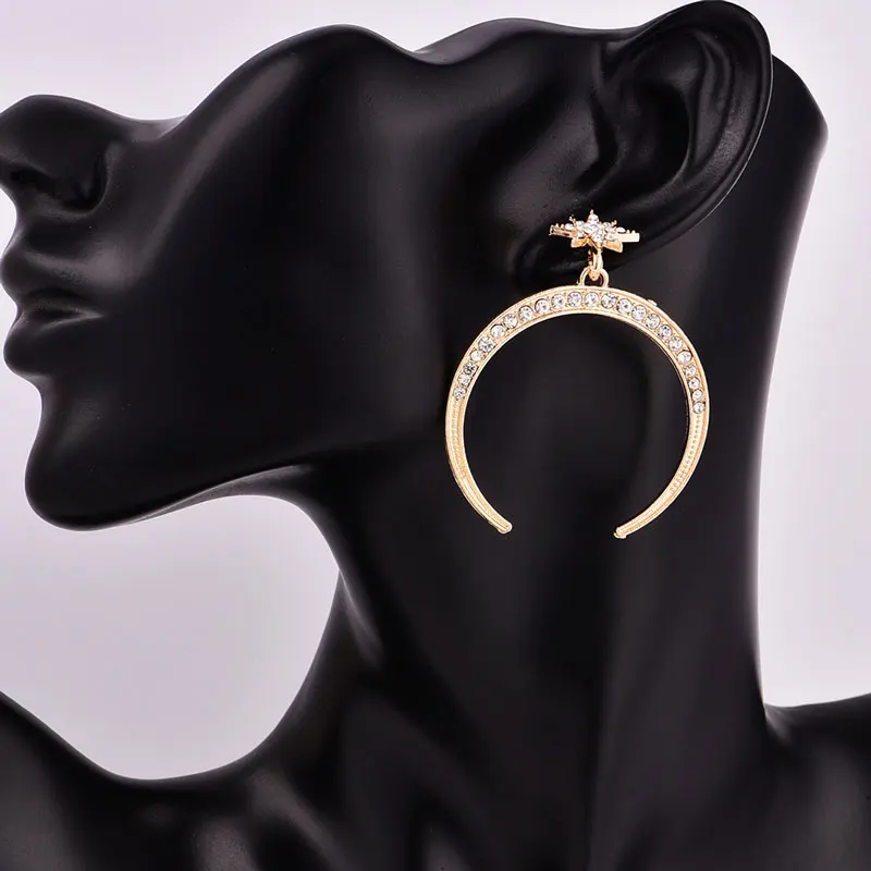2019 European and American new fashion personality big inlaid with crystal stars moon earrings female models | Украшения и
