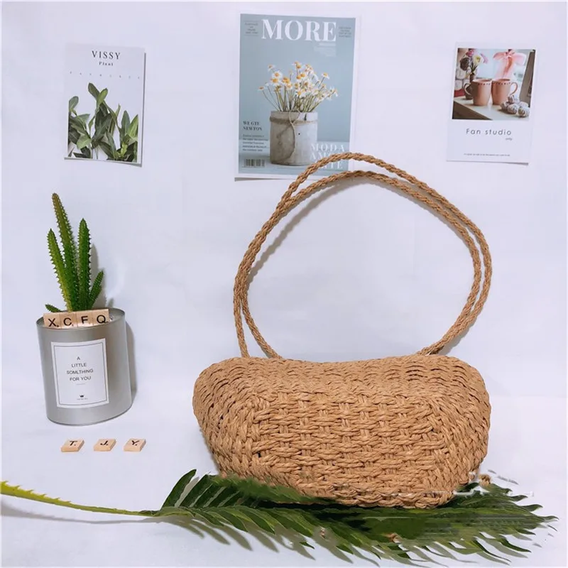 

Summer Vacation Women Beach Bag Hand Made Straw Bag Long Shoulder Strap Rattan Tote Bags Ladies Hand Bags