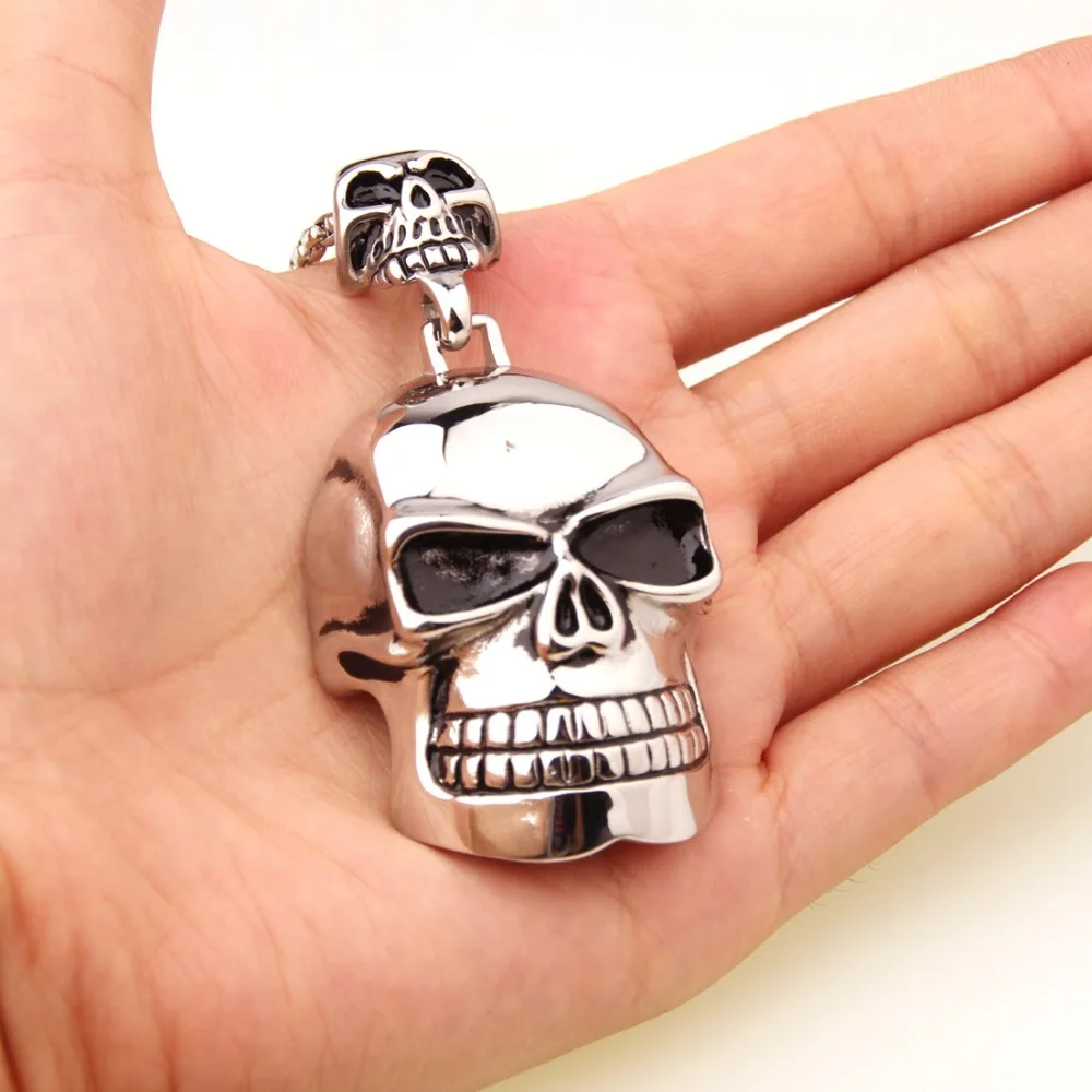 

71mm*35mm,45G Cool Heavy Stainless Steel Silver Color Big Skeleton Skull Biker Jewelry Pendant Necklace For Mens Free Chain 24"