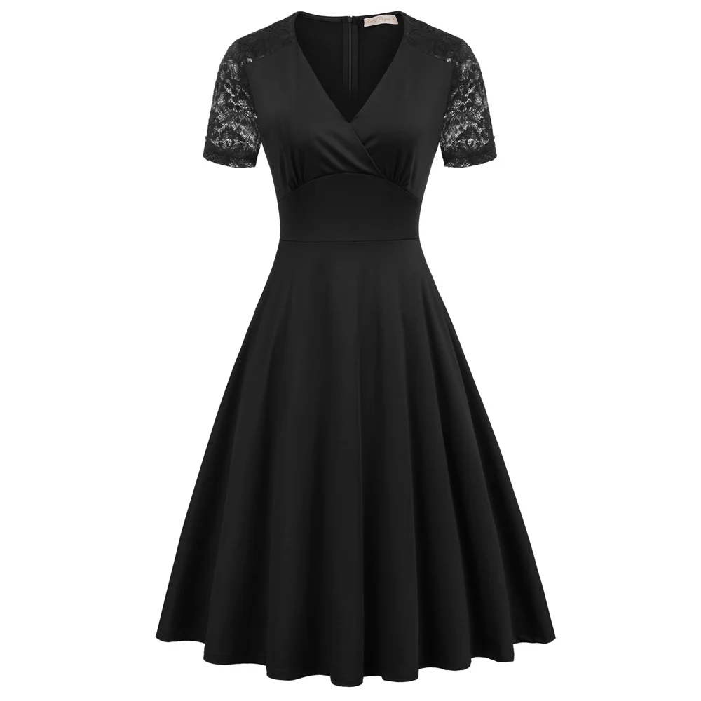 Belle Poque винтажные плиссированные платья для женщин свободное кружевное однотонное вечернее платье элегантные кружевные платья знаменитостей размера плюс S-2XL - Цвет: Black