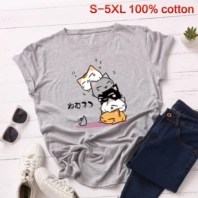 light gray S-5XL, новинка, принт с милой кошкой, женская футболка, хлопок, круглый вырез, короткий рукав, летняя маленькая футболка с крысами, топы, повседневные, плюс футболки - Цвет: light gray