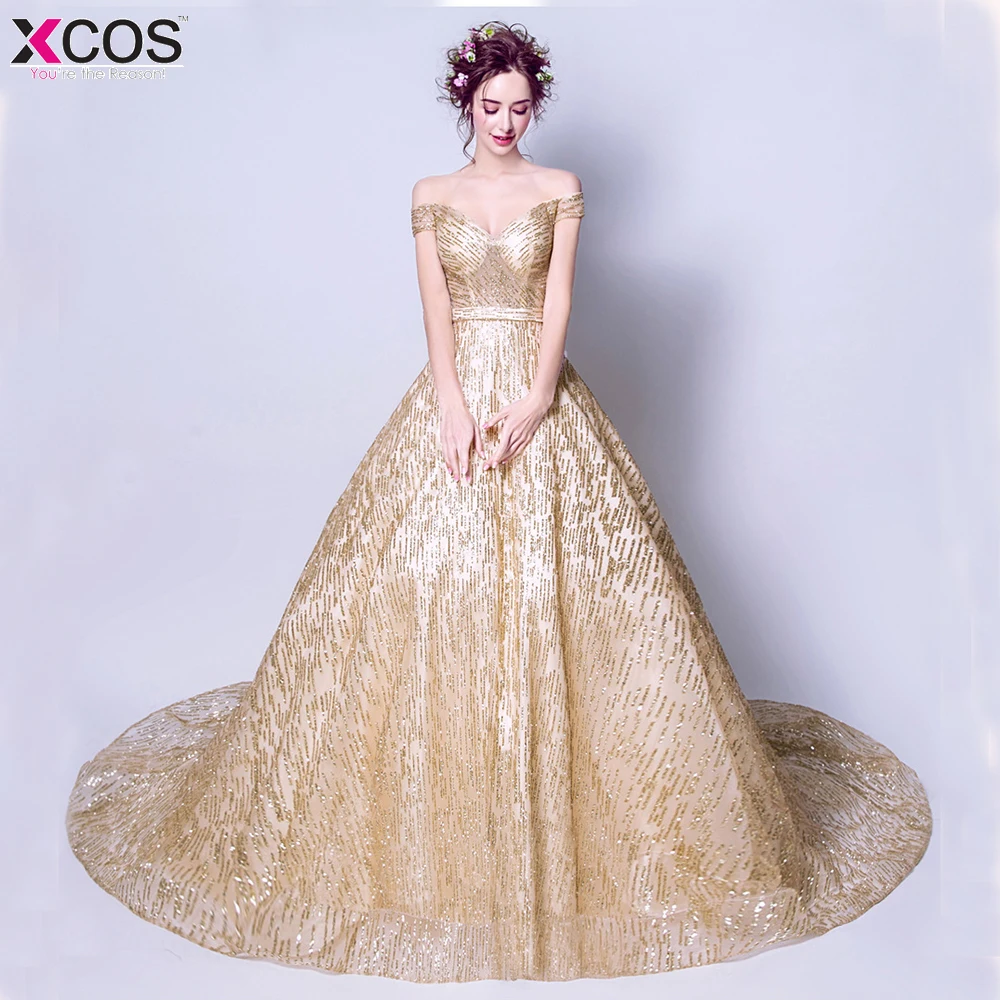 Блестящие золотые платья выпускного вечера с блестками 2018 Дешевые плеча