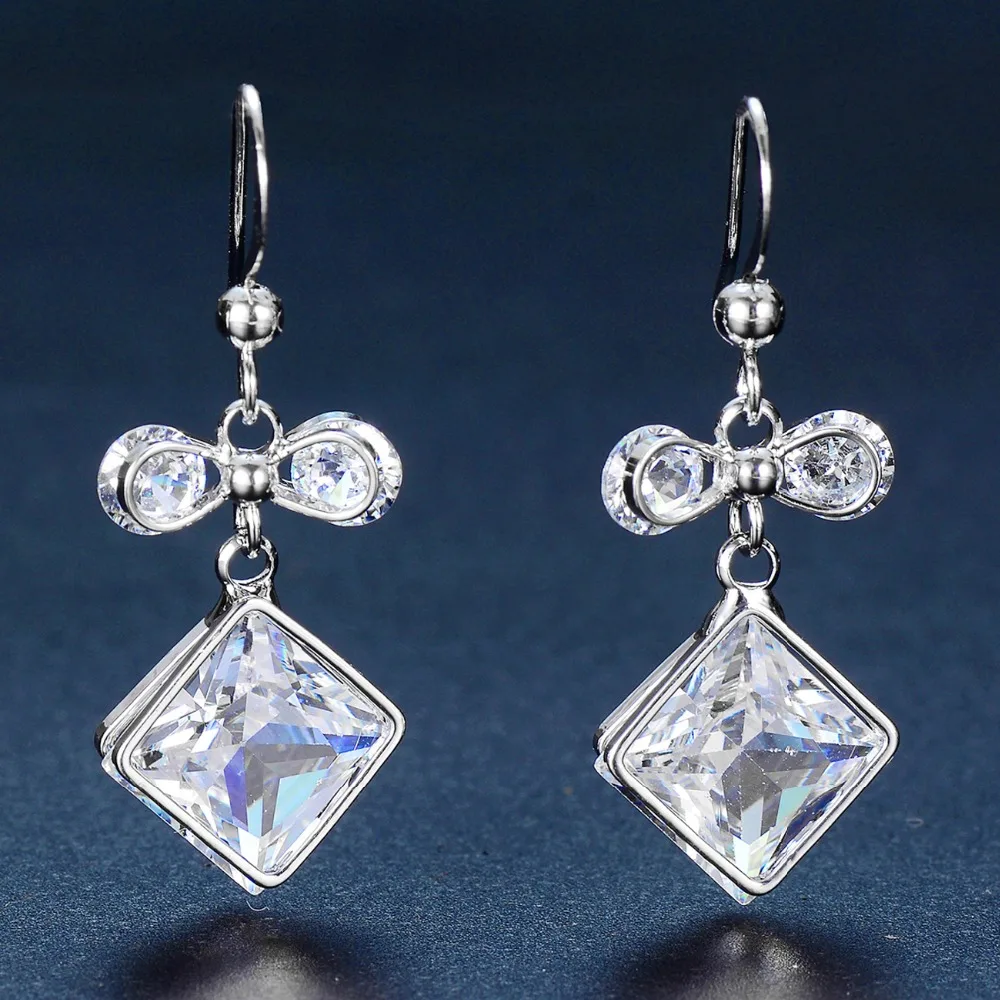 WEVENI Silverstone Bowknot Square Cubic Zircon Earrings Dangle Drop Zirconia Charms For Women Girl Birthday Gift Fashion Jewelry | Украшения