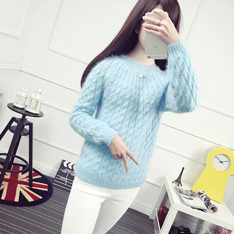 Women Sweaters Autumn Winter New Mohair Sweater Twist Loose Short Solid Color Round Neck Pullover Bottoming XY514 | Женская одежда