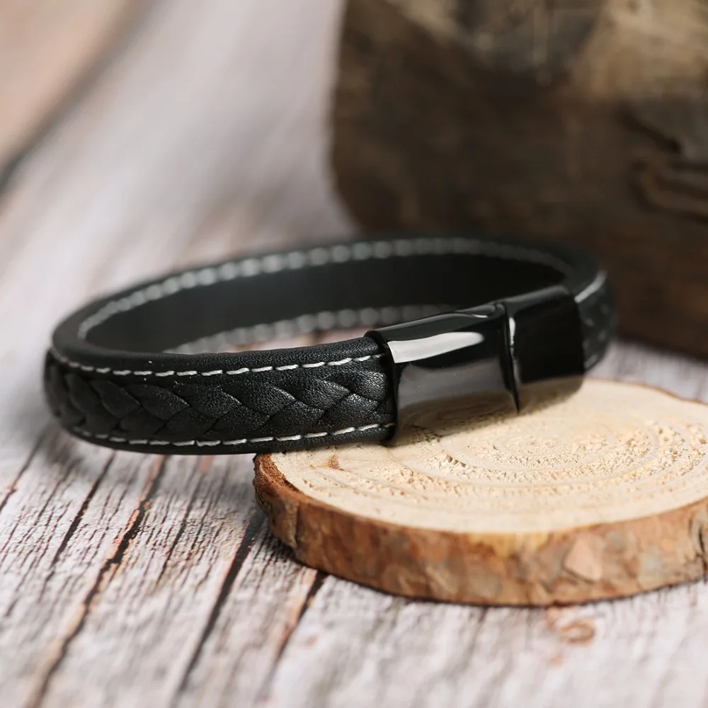 

LOULEUR New Trendy 12*6mm Genuine Leather Bracelet Men Stainlees Steel Braid Bracelets & Bangles Male Jewelry Gift