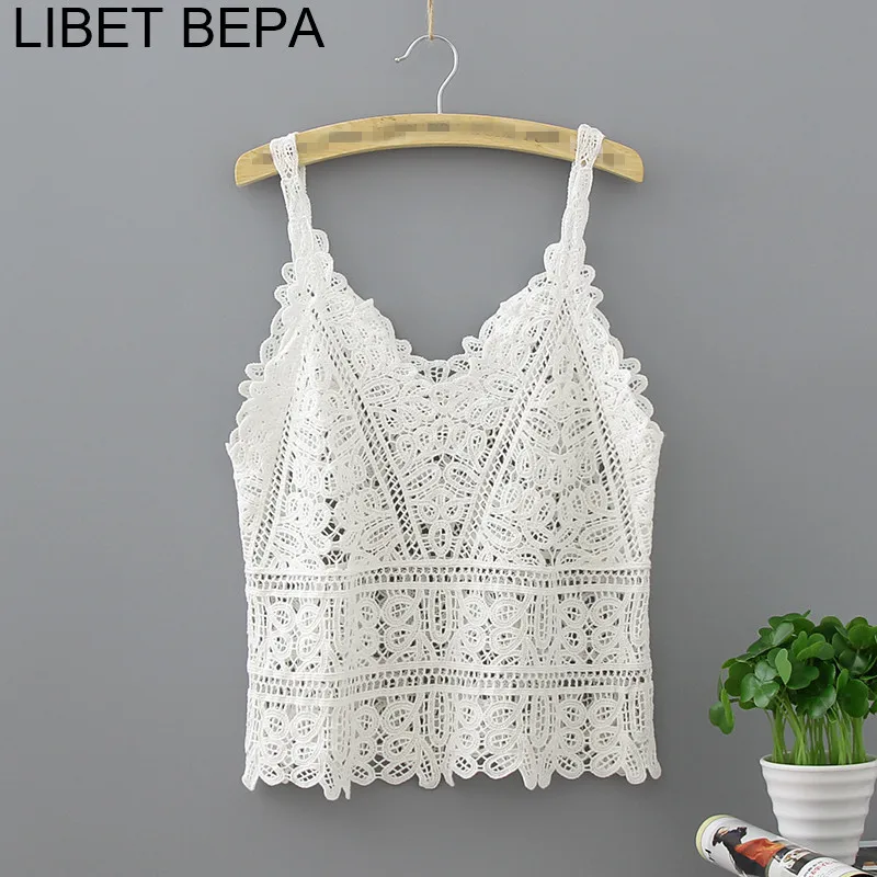 New 2021 Summer Beach Women Casual Lace Crochet Short Crop Tops Strap Fashion Female Halter Hollow Out Smocked Tops ST8003