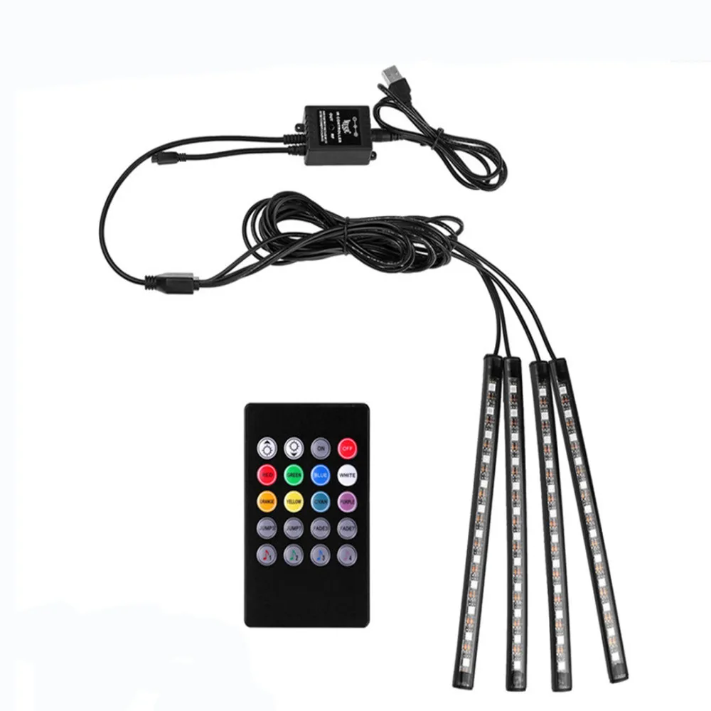 4шт светодиодная полоса автомобиля USB / прикуриватель интерфейс APP дистанционное голосовое управление. Многоцветная атмосфера включена.