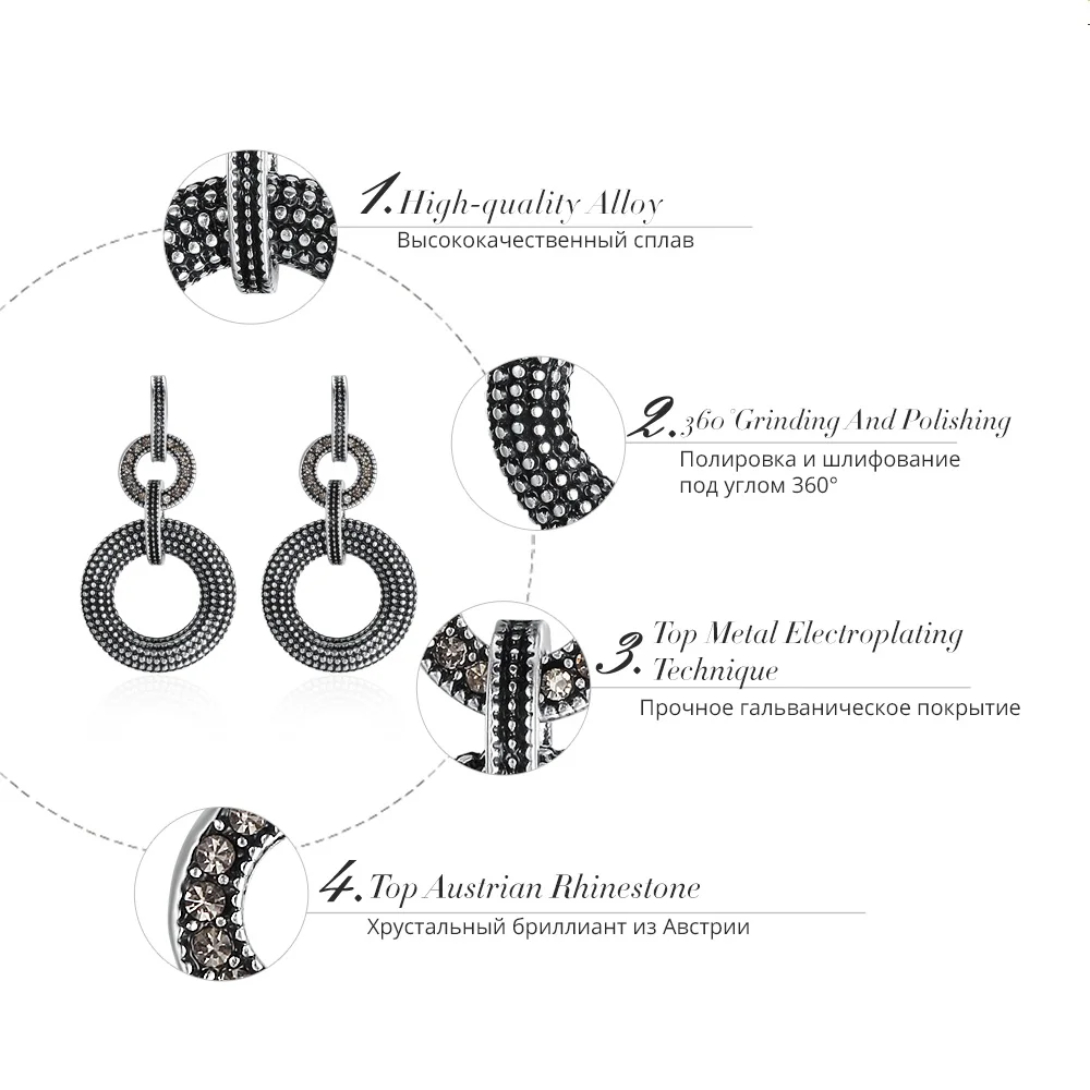 Viennois New Vintage Silver Color Metallic Double Circle Drop Earring Retro Rhinestones Paved Round Dangle Earrings for Women | Украшения и