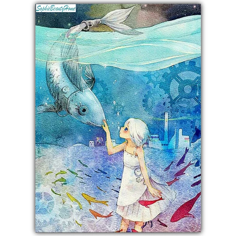 

Sophie beauty home 5D DIY Diamond Embroidered Girl & Fish Cross stitch Diamond Home Decor Crafts Pattern Mosaic Wall Stickers