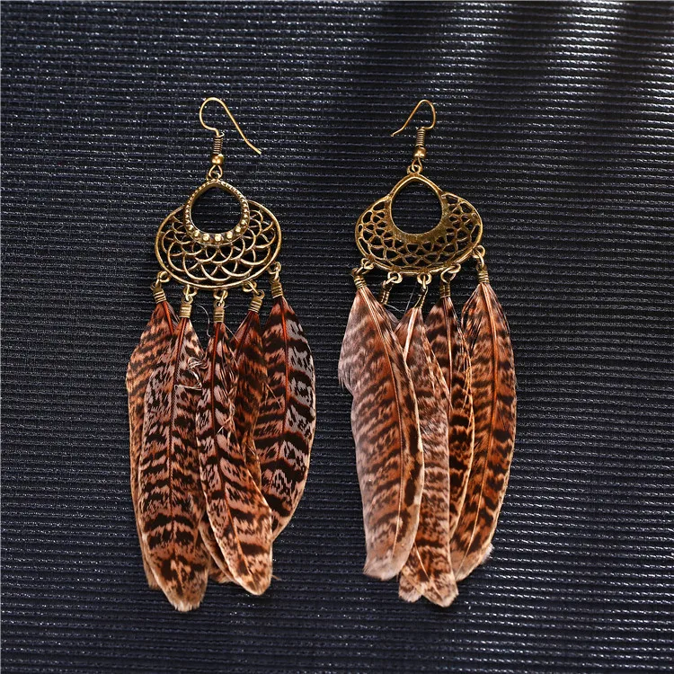 QIANKE bohemian big feather drop earrings for women boho long ethnic Leopard Print dangle fashion jewelry wholesale | Украшения и