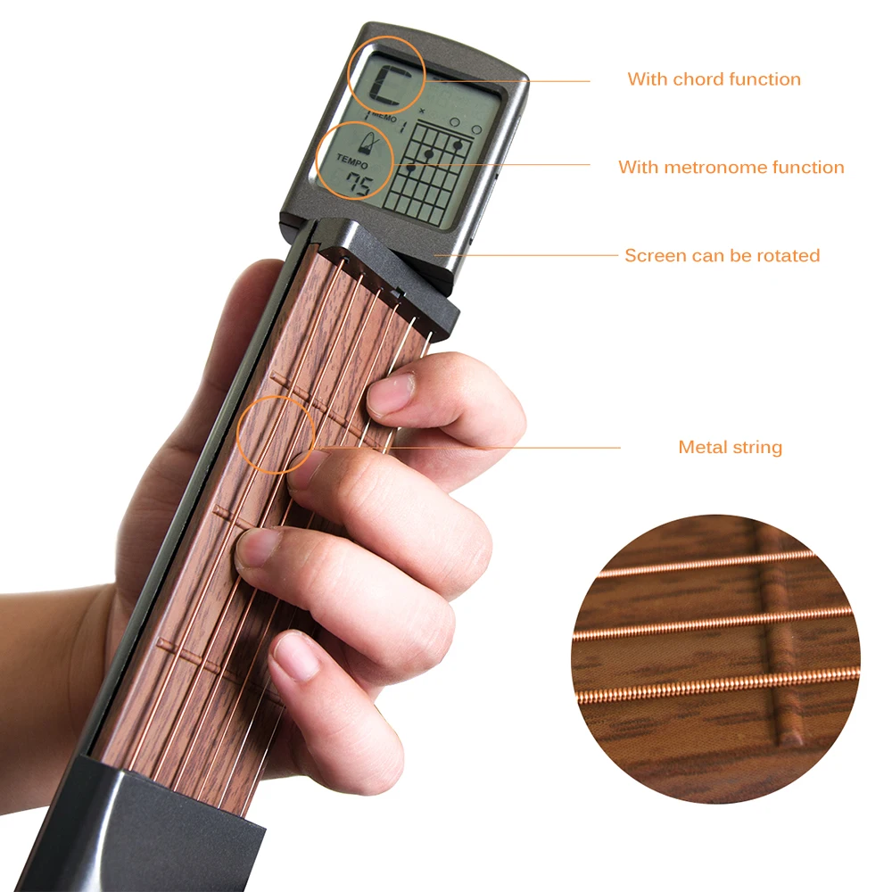 

Pocket Guitar Chord Trainer 11.2inch Beginner Practice with Metronome Tool Rotatable Chart Screen Guitar Chord Practice Device