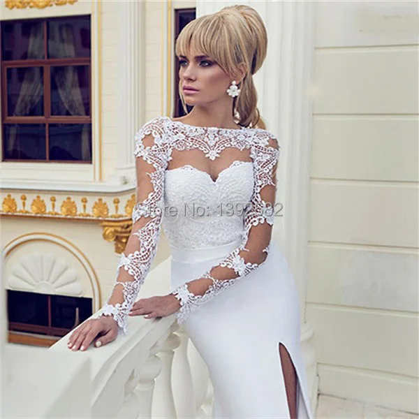 MANSA Vestidos De Noiva 2015 Sexy Sheath Appliques Lace Wedding Dresses Long Sleeves Bridal Gown with Slit For Wedding&ampEvents | Свадьбы и