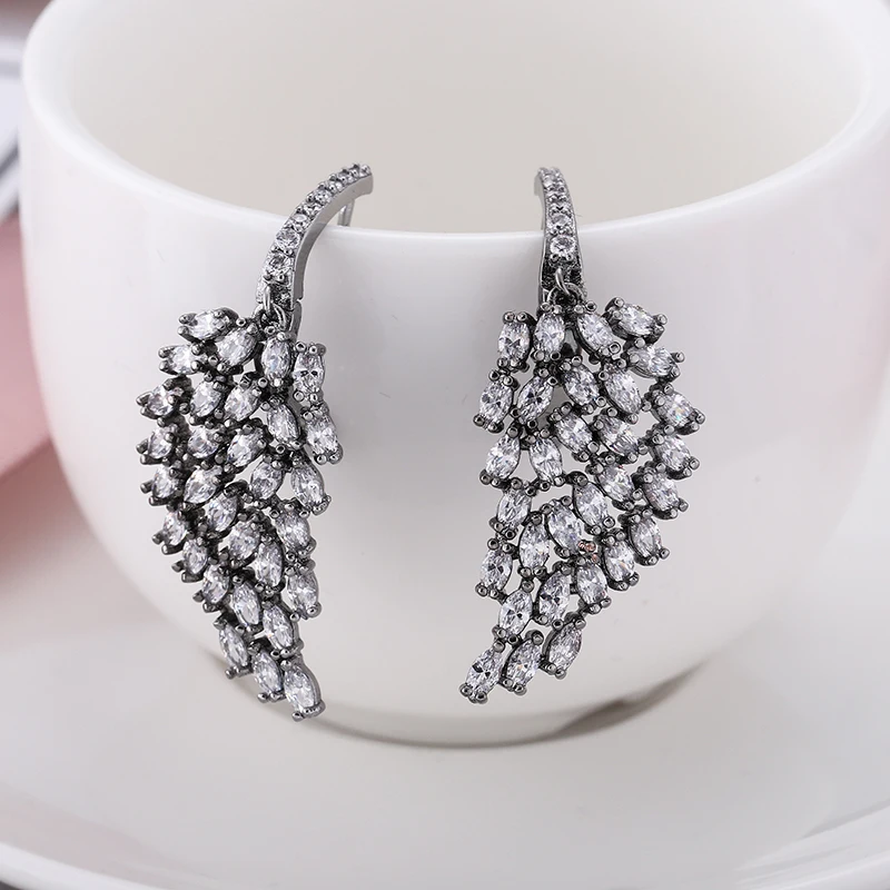 YANMEI Luxury Crystal Feather Stud Earrings For Women Symmetry Elegant Earring Boucles D'oreilles YME8063 | Украшения и