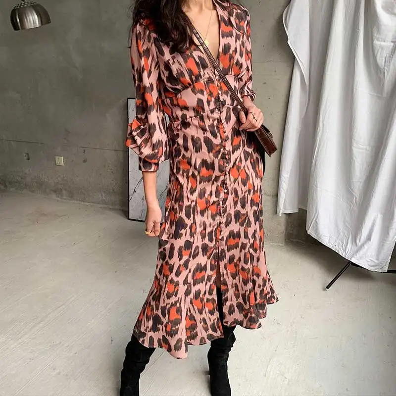 SWEET THING LONG SLEEVE DRESS leopard print button-down front women dress chiffon chic summer autumn 2019 E21 | Женская одежда