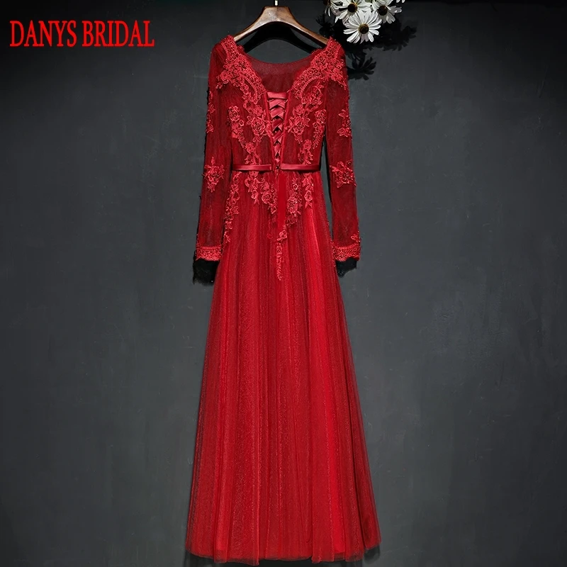 Кружевные вечерние платья с длинным рукавом трапециевидные красные красивые