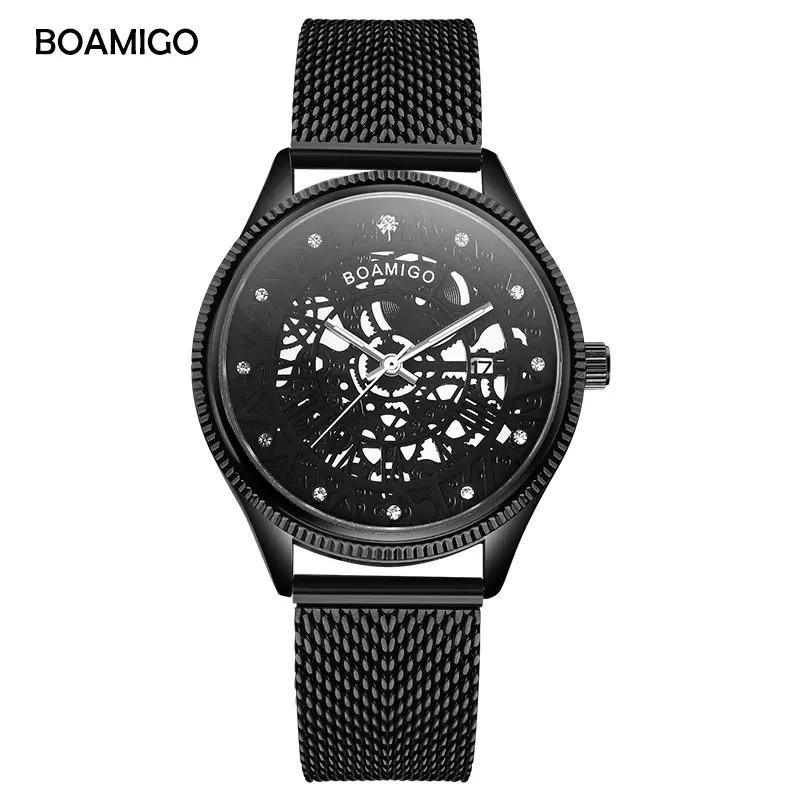 Мужские кварцевые часы с сетчатым браслетом черного цвета