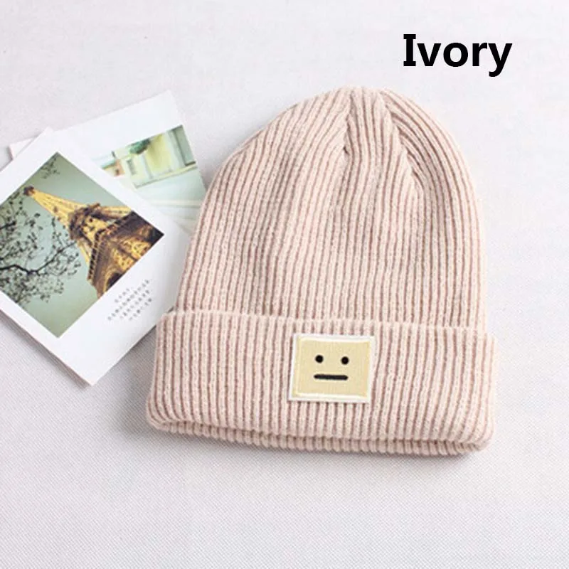 Ivory Корейская НОВАЯ шапка осень-зима, модная теплая вязаная шапка в британском стиле, Повседневная вязаная шапка со смайликом для женщин, уличные головные уборы - Цвет: Ivory