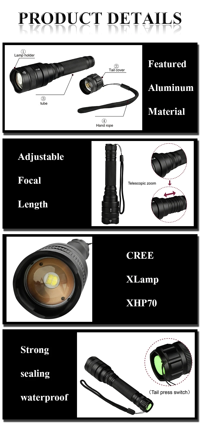 Yunmai CREE XHP70 3200lm мощный фонарь, светодиодный фонарик, мощный зум, тактический фонарь с батареей 18650 для кемпинга