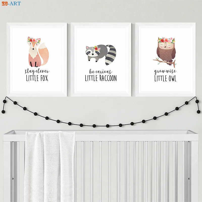 Woodland Animal Prints Flower Crown Girls Poster Cartoon Cute Canvas Painting Nursery Wall Art Baby Bedroom Decoration Pictures | Дом и сад