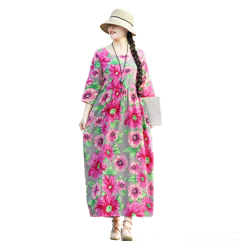 

2020 Cotton Linen Summer Dress Women Loose Plus size Casual Dress Vintage Floral Print Beach Sundress Long Dresses vestidos