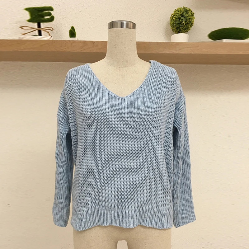 Women Sexy Backless Sweaters V-Neck Bandage Long-Sleeve Knitted Pullovers Female Casual Loose Oversize Korean Style Top | Женская одежда
