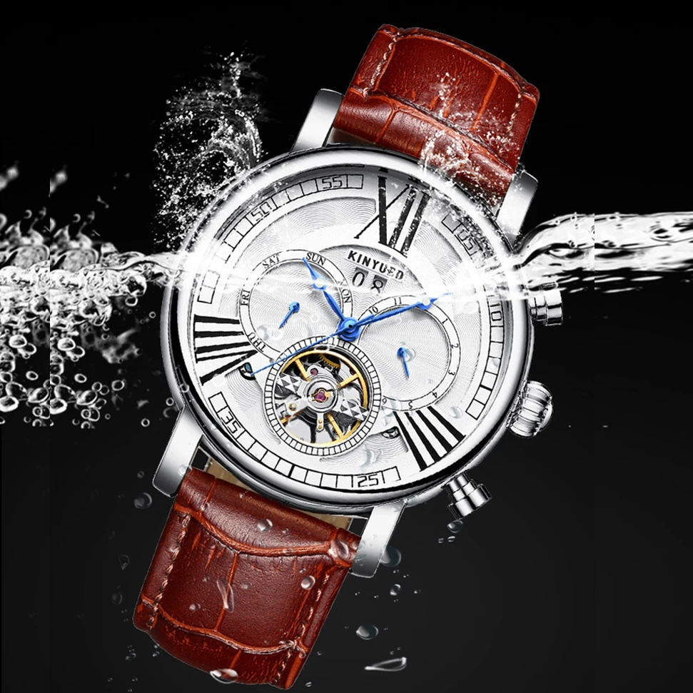 KINYUED Top Brand Luxury Mens Watches Tourbillon Skeleton Watch Men Automatic Mechanical Wrist Gents Military horloges Man | Наручные