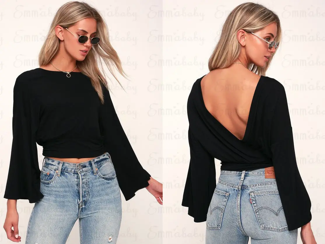 2018 Newest Women Deep V-Neck Cross Slim Crop Tops Long Sleeve T shirt Clubwear | Женская одежда