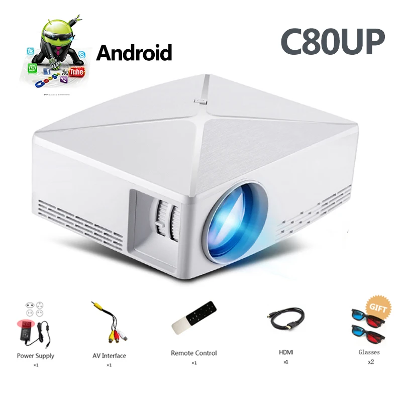 C80UP-White ALSTON HD мини-проектор C80/C80UP, разрешение 1280x720, Android wifi Proyector, светодиодный, портативный HD мультимедийный проектор для домашнего кинотеатра - Цвет: C80UP-White