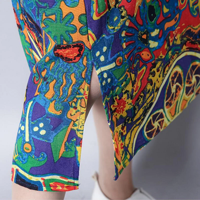 

2018 New Summer dress Casual Plus Size Women Dress Vintage Printing cotton Linen Loose long Dress Vestidos Robe Dresses