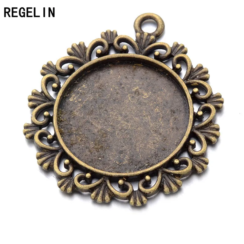 

REGELIN Cabochons Bases Pendants Settings Flower Lace Pendant Bezel Trays 10pcs/lot 25mm Fit Glass Cabochon Cameo DIY Making