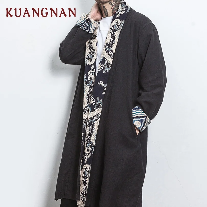 KUANGNAN мужская куртка в китайском стиле длинное пальто ветровка Черная 5XL Японская