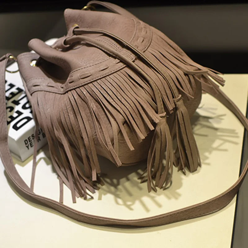 Vintage Tassel Bucket Bag Women 2018 Fashion PU Leather Shoulder Bags Black Brown Pink Gray Female Drawstring Crossbody | Багаж и сумки