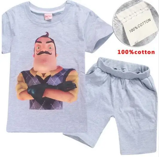 Новинка летняя детская одежда hello neighbor для мальчиков 100% хлопок футболка + штаны
