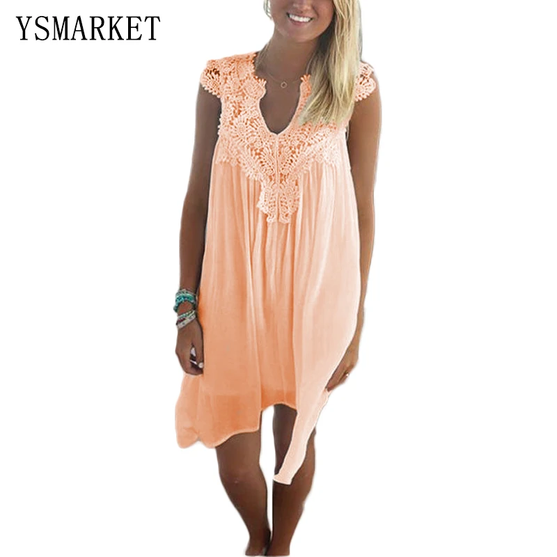 Summer Dress New women lace patchwork chiffon dress hollow out sleeveless loose beach tunic sexy solid female beachwear Q160505 |