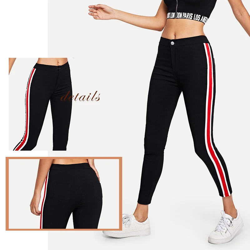 SweatyRocks, полосатые джинсы с лентой сбоку, уличная одежда, черные эластичные джинсовые штаны с высокой талией, весенние прямые женские обтягивающие джинсы