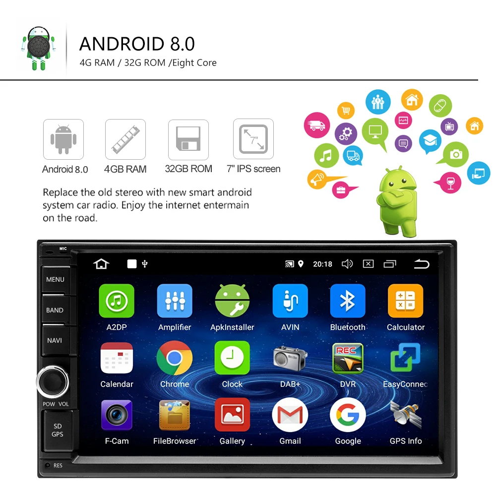 Podofo Android 8,0 2 Din автомобильное радио " Восьмиядерный 4G+ 32G 2Din Аудио Стерео gps навигация автомобильный мультимедийный FM RDS wifi OBD Авторадио